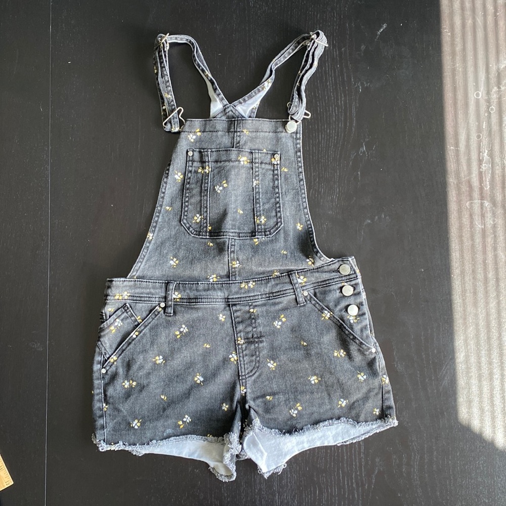 Black denim overall romper / jumper w/ floral print & pockets